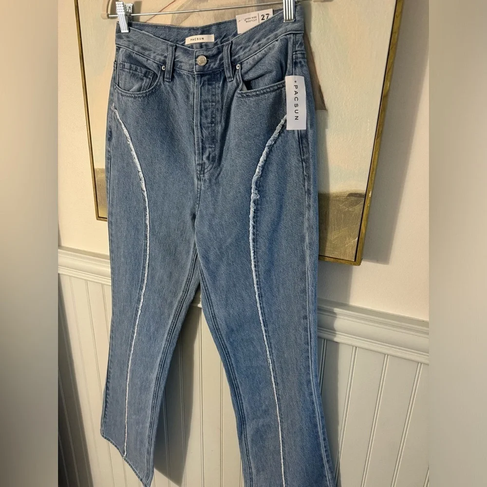 PACSUN Eco Medium Blue Frayed High Waisted Bootcut Jeans NWT Size 27 - Picture 8 of 11